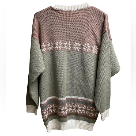 VTG 3D Terrier Dog Pink Green White Striped Fair Isle Knit Sweater SZ L - Picture 2 of 4